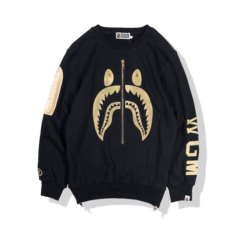 BAPE Gold Shark Zipper Print Pullover Sweater-Black